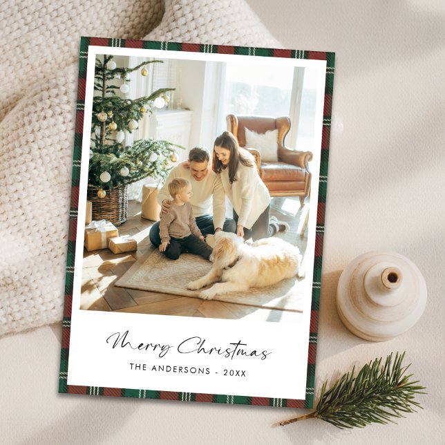 Plaid Elegant Script Merry Christmas Family Photo Holiday Card (Creator Uploaded)