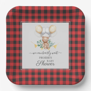 Plaid Eucalyptus Baby Shower Bear Buffalo Check Paper Plate