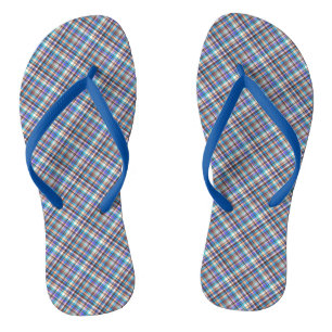Plaid Fabric Print Grey Blue Chequered Pattern Flip Flops