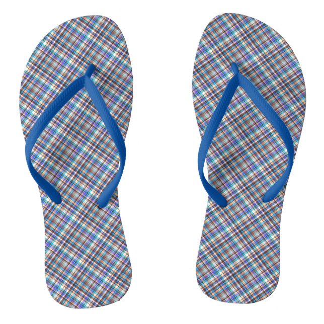 Plaid Fabric Print Grey Blue Chequered Pattern Flip Flops (Footbed)