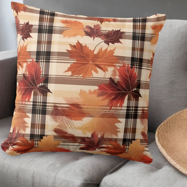 Plaid Fall Autumn Leaves Cushion (Creator Uploaded)