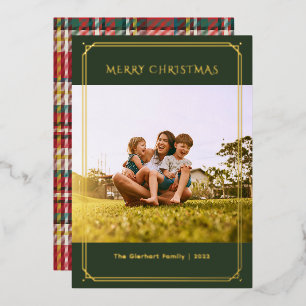 Plaid Family Photo Geometric Christmas Gold Foil Holiday Card
