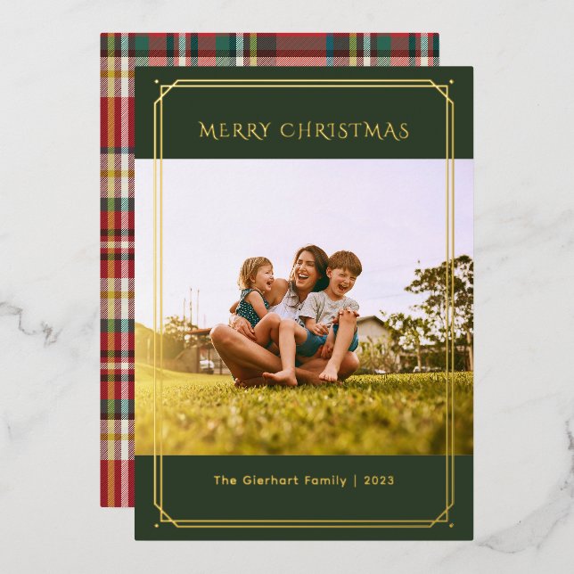 Plaid Family Photo Geometric Christmas Gold Foil Holiday Card (Front/Back)