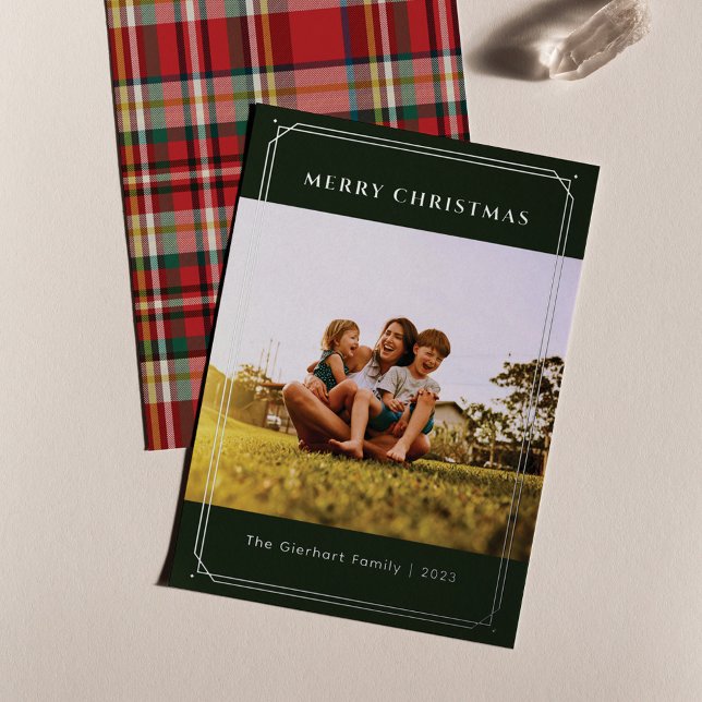Plaid Family Photo Geometric Christmas Silver Foil Holiday Card (Plaid Family Photo Christmas Silver Foil Greetings Card)