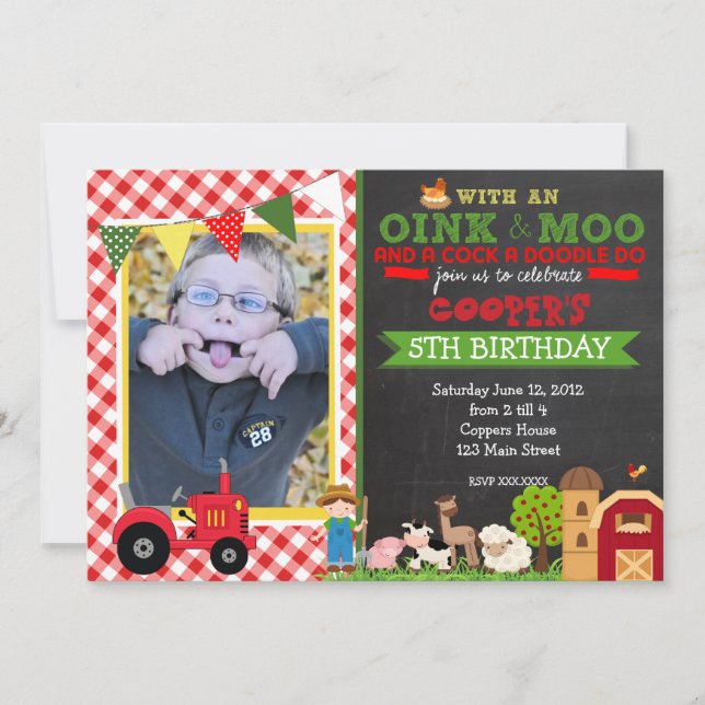 Plaid Farm Tractor Birthday Party Invitation (Front)
