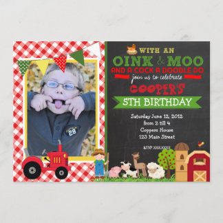Plaid Farm Tractor Birthday Party Invitation