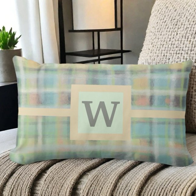 Plaid farmhouse monogram sage green yellow grey  lumbar cushion (Creator Uploaded)
