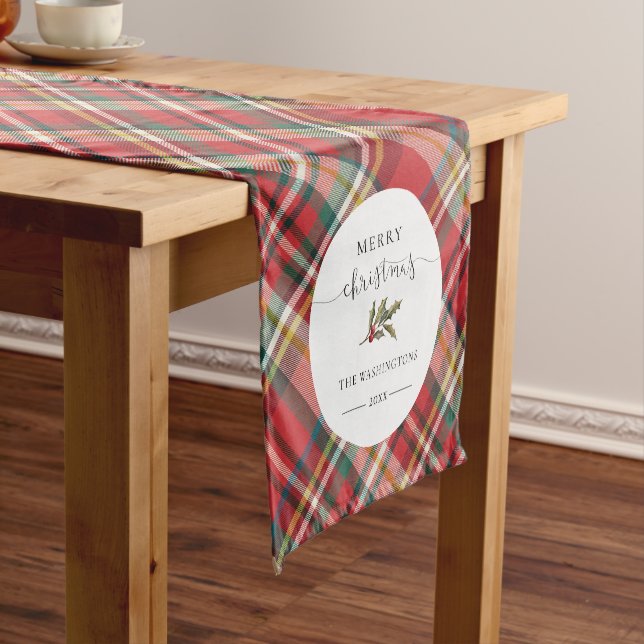 Plaid Farmhouse Red Check Rustic Merry Christmas Short Table Runner (In Situ)