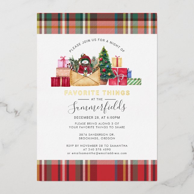 Plaid Favourite Things Christmas Party Gold Foil Holiday Card (Front)