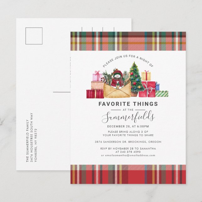 Plaid Favourite Things Rustic Christmas Holidays Invitation Postcard (Front/Back)