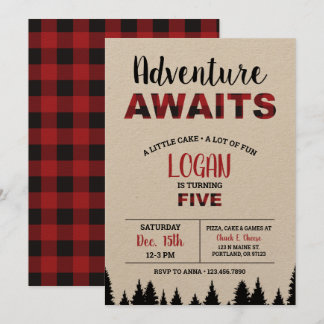 Plaid Fifth Birthday Invitation Adventure Awaits