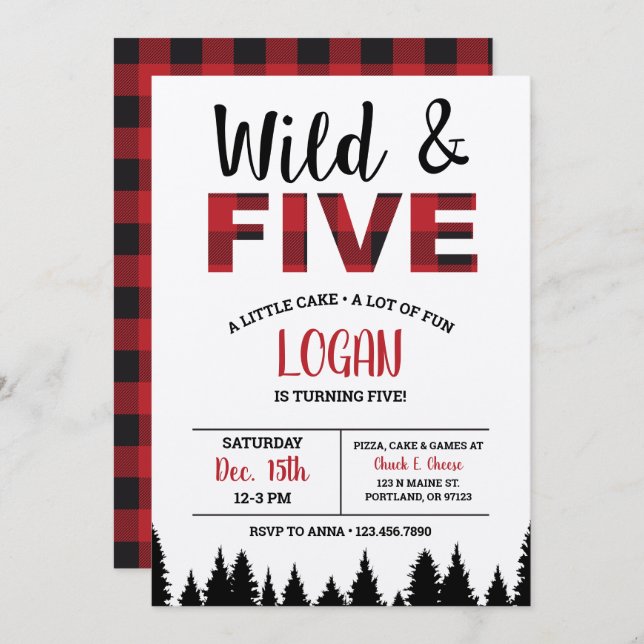 Plaid Fifth Birthday Invitation Wild & Five (Front/Back)