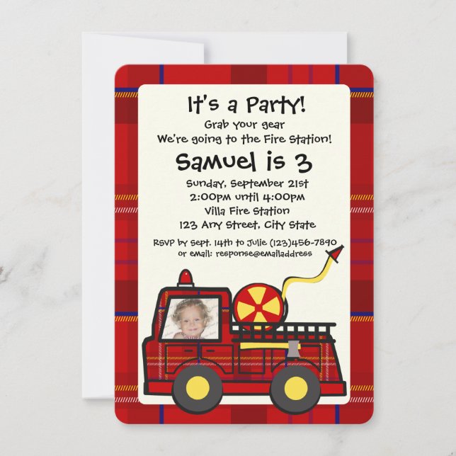 Plaid Fire Engine Birthday with Photo Invitation (Front)
