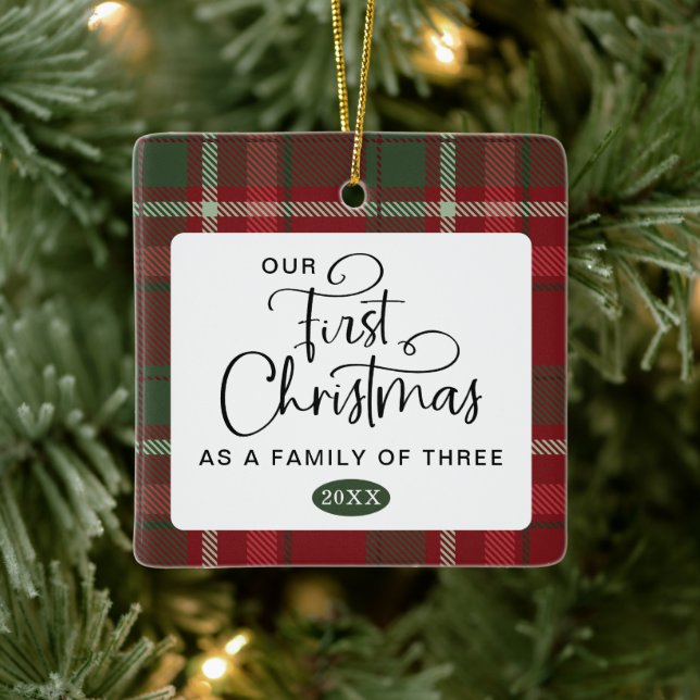 Plaid First Christmas Family Photo Christmas Ceramic Ornament (Tree)