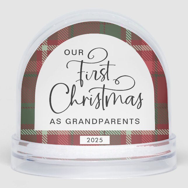 Plaid First Christmas Grandparents Photo Christmas Snowglobe (Front)