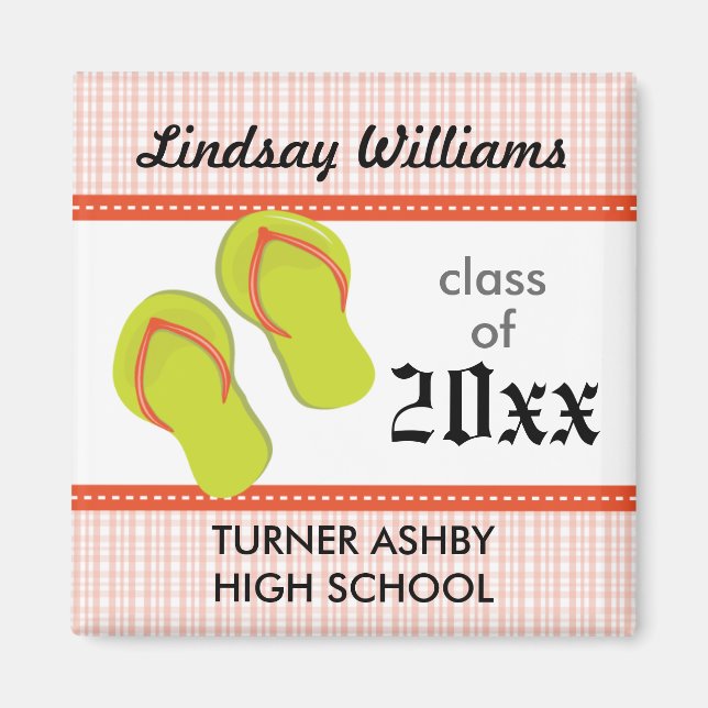 Plaid Flip Flop Custom Graduation Magnet: Orange Magnet (Front)