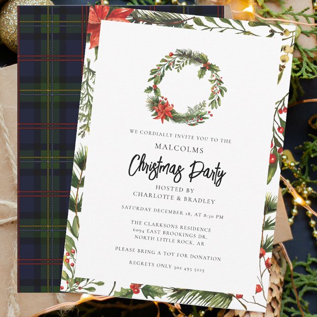 Plaid Floral Poinsettia Christmas Party Tartan Invitation (Rustic Plaid Christmas Party Malcolm Tartan Invitation)