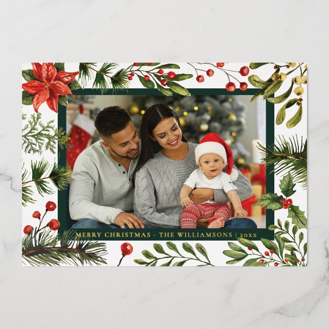 Plaid Floral Poinsettia Family Photo Tartan Gold Foil Holiday Card (Front)