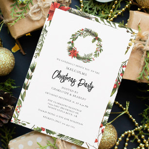 Plaid Floral Red Berries Christmas Party Tartan Invitation
