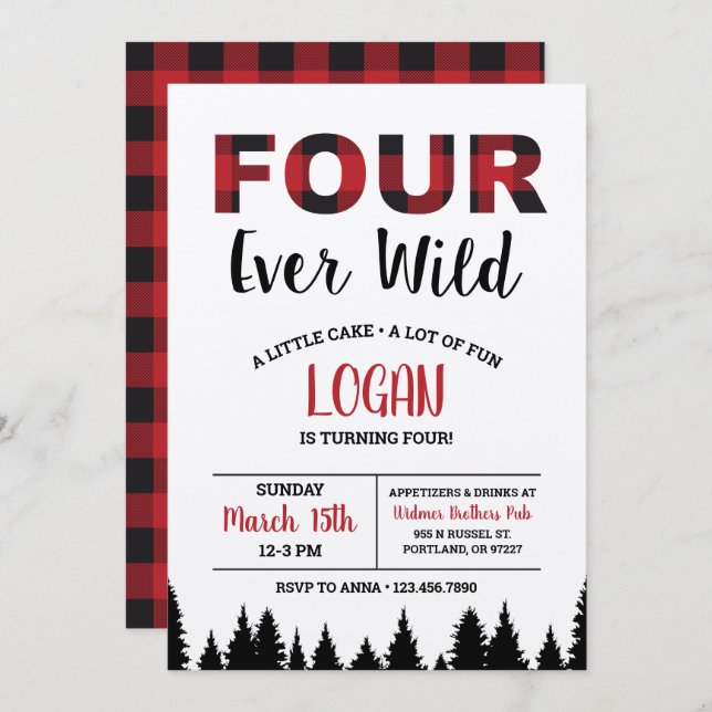 Plaid Fourth Birthday Invitation Four Ever Wild 4 (Front/Back)