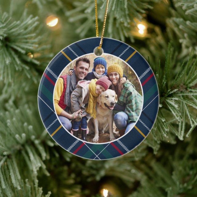 Plaid frame family photo personalised Christmas Ceramic Tree Decoration (Tree)
