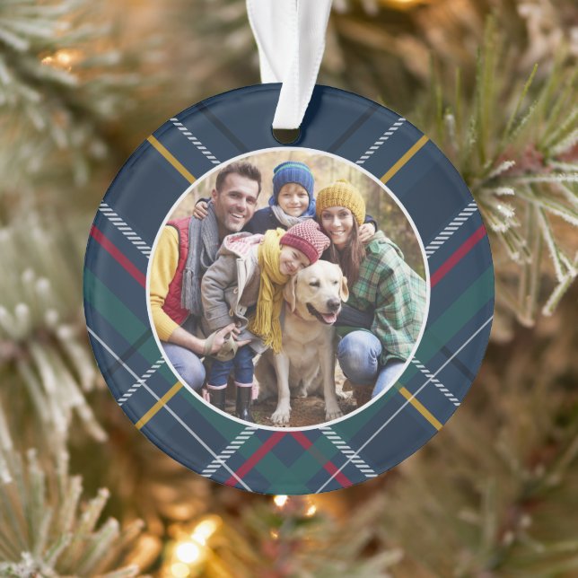Plaid frame family photo personalised Christmas Ornament (Tree)