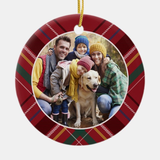 Plaid frame photo red personalised Christmas Ceramic Tree Decoration (Front)