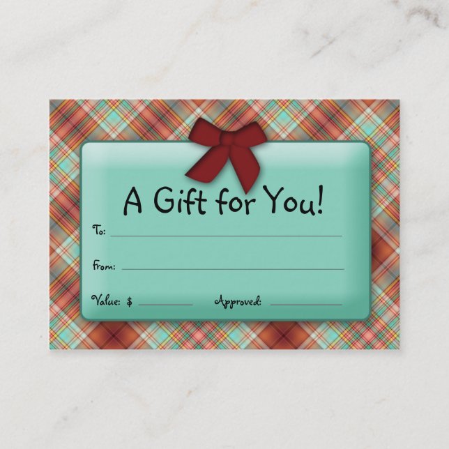 Plaid Gift Certificate Holiday Bow Red Teal (Front)