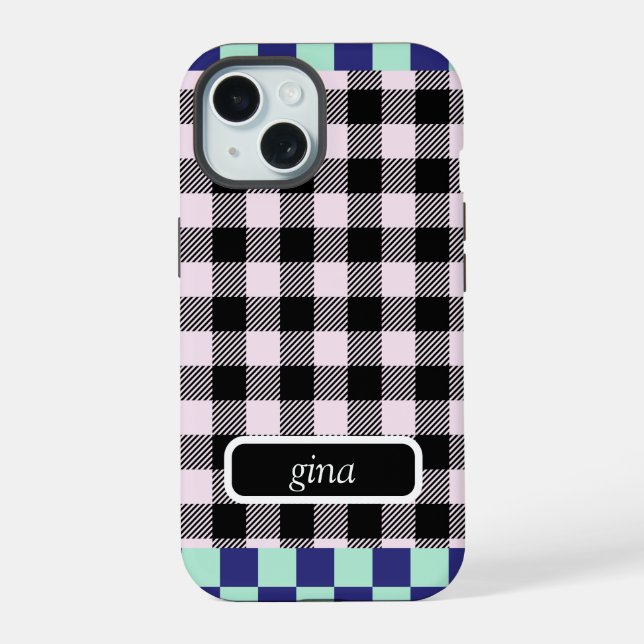 Plaid Gingham Personalised iPhone 15 Case (Back)
