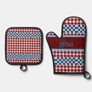Plaid Gingham Personalised Oven Mitt & Pot Holder Set