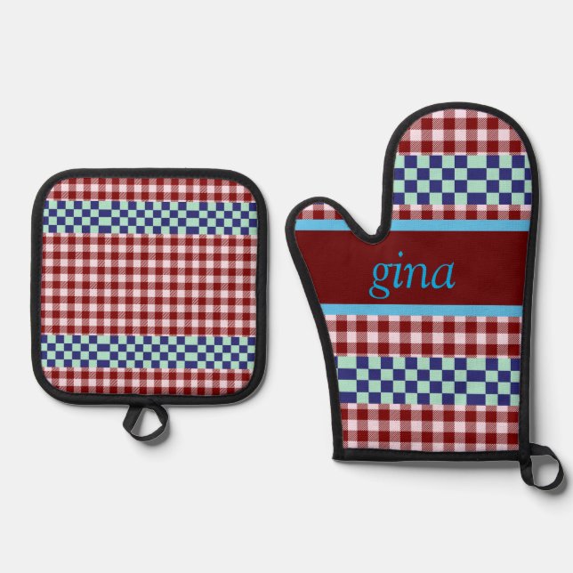 Plaid Gingham Personalised Oven Mitt & Pot Holder Set (Front)