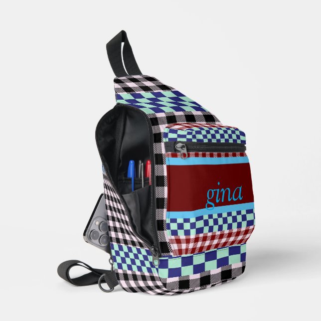 Plaid Gingham Personalised Sling Bag (Open)