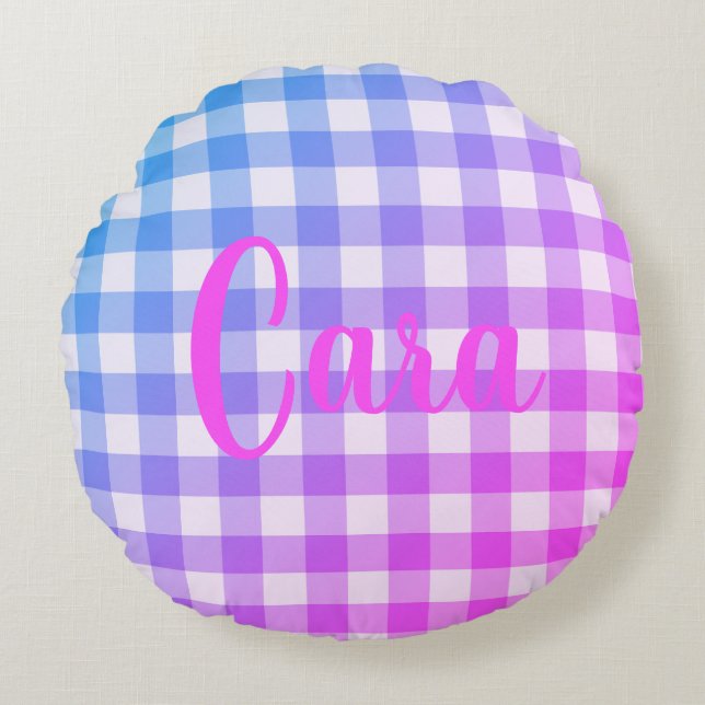 Plaid Gingham Pink Blue Modern Simple Name Round Cushion (Front)