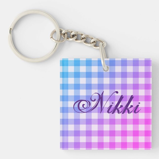 Plaid Gingham Pink Blue Modern Simple Purple Name Key Ring (Front)