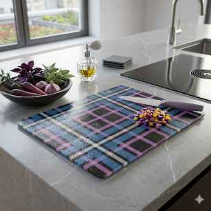 Plaid Glass Cutting Board – Bold Blue & Lavender