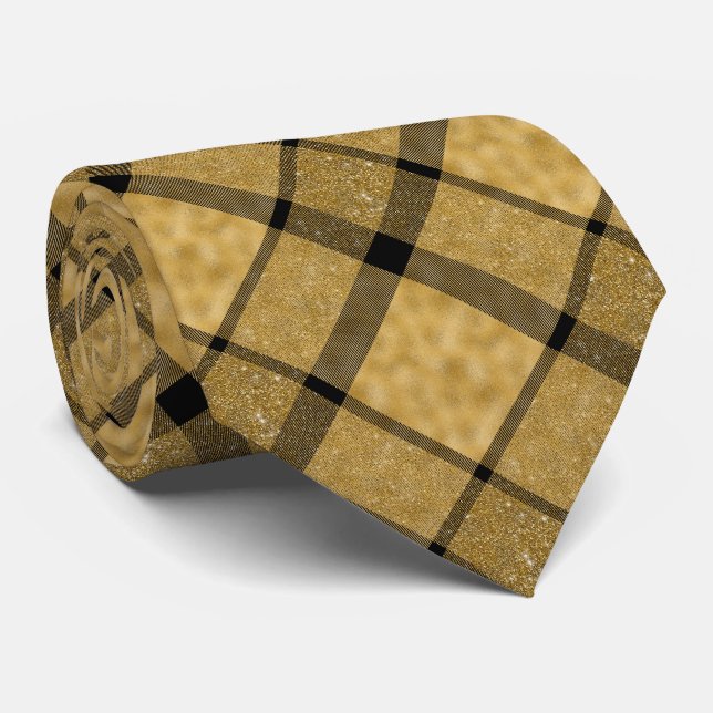  Plaid Glittery Gold and Black Elegant Tie (Rolled)