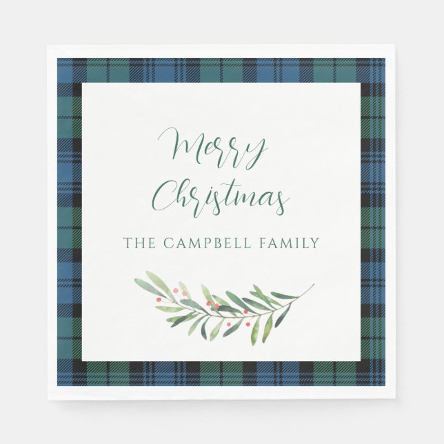 Plaid Green Blue Christmas Holiday Tartan Paper Napkin (Front)