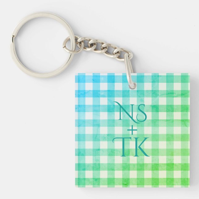 Plaid Green Blue Ombré Modern Simple Initials Key Ring (Front)