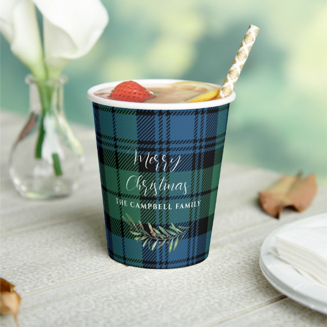 Plaid Green Check Christmas Holiday Tartan Paper Cups (Insitu)