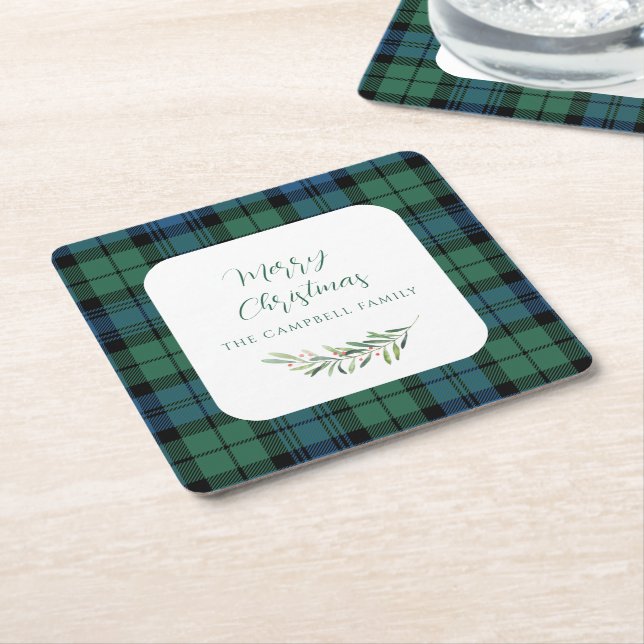 Plaid Green Check Christmas Holiday Tartan Square Paper Coaster (Angled)