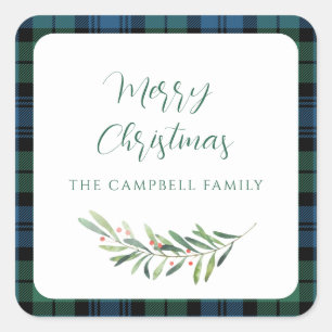 Plaid Green Check Merry Christmas Holiday Tartan Square Sticker