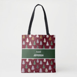 Plaid Green Christmas Trees pattern Monogram Tote Bag