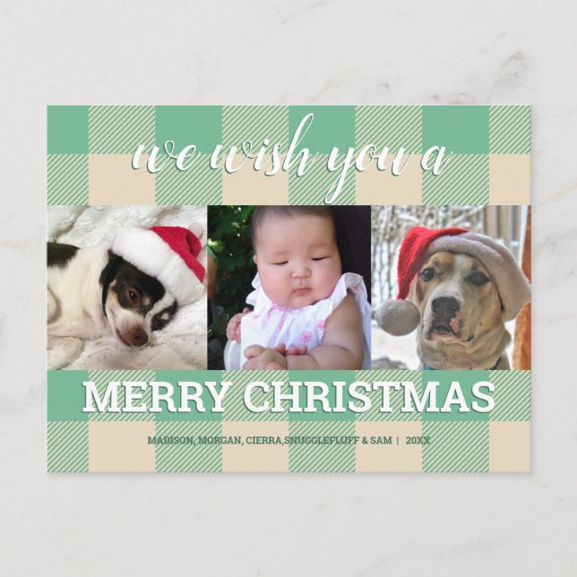 Plaid Green Cream 3 Photo Collage Christmas Postcard (Front)
