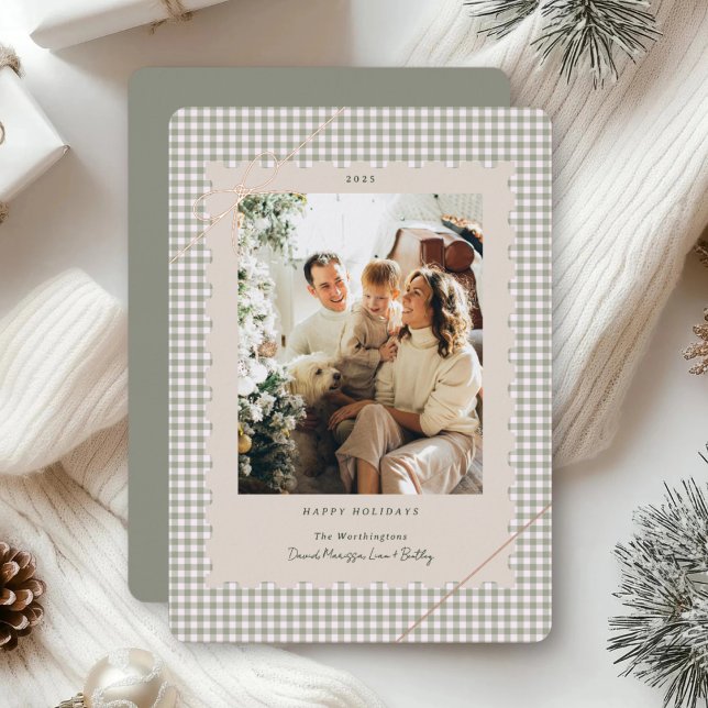 Plaid Green Gingham Scalloped Frame Tiny Bow Photo Foil Holiday Card (Sage Green Gingham Plaid Holiday Card with Gold Foil Bow)