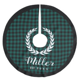 Plaid Green Holiday Name + Year Christmas  Brushed Polyester Tree Skirt