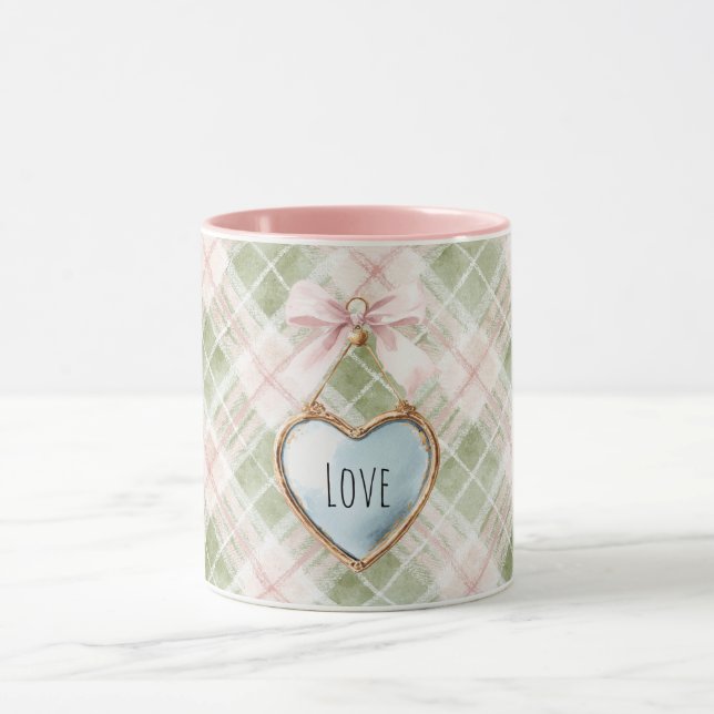 Plaid Green Pink Bow Blue Gold Heart Love Mug (Center)
