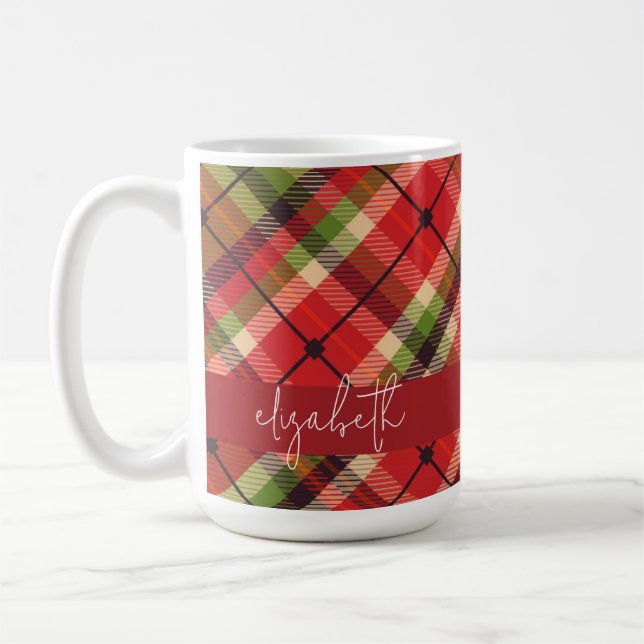 Plaid Green Red Gold Personalised  Coffee Mug (Left)