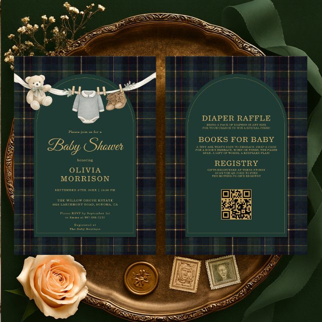Plaid Green Teddy Bear All in One Baby Shower Invitation (Creator Uploaded)