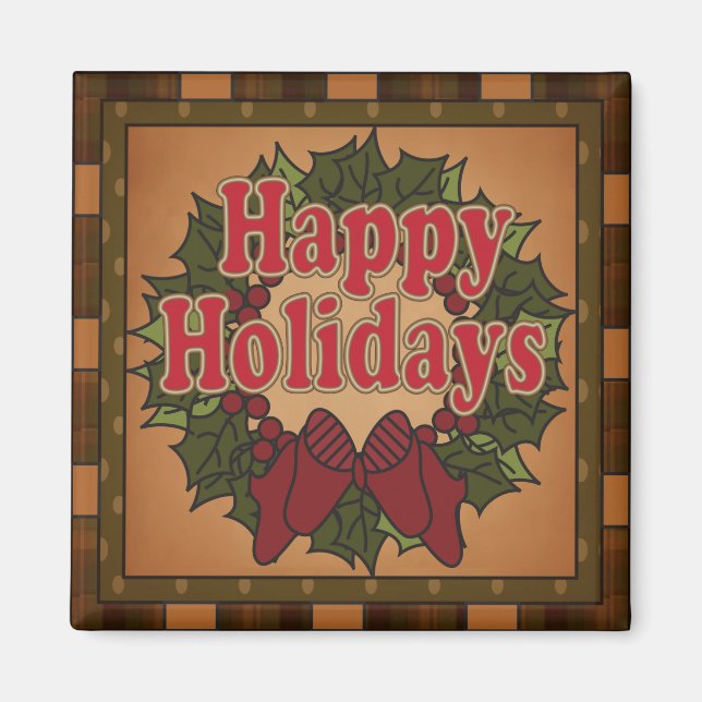 Plaid Happy Holiday Wreath Magnet (Front)