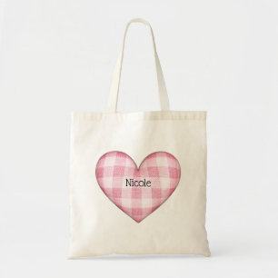 Plaid Heart 3D with Name Tote Bag